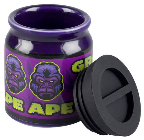 Ceramic Stash Jar with Rubber Seal Lid, Grape Ape Design, 3" x 2.4" Size, Front View