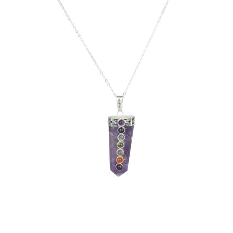 Chakra Chain Necklace with Amethyst Pendant on a 20" Steel Chain - Front View