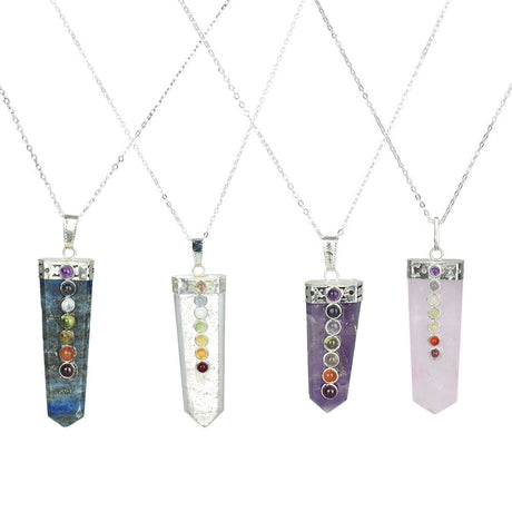 Chakra Chain Necklaces in various crystals on a 20" steel chain, front view on white background