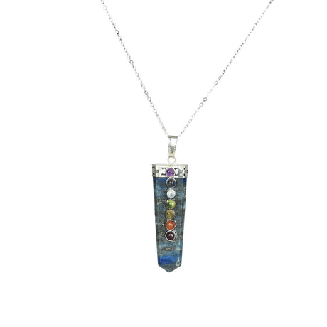 Chakra Chain Necklace with Lapis Lazuli pendant on 20" steel chain, front view on white background