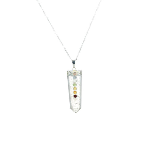 White Selenite Chakra Chain Necklace with Steel 20" Length on Seamless White Background