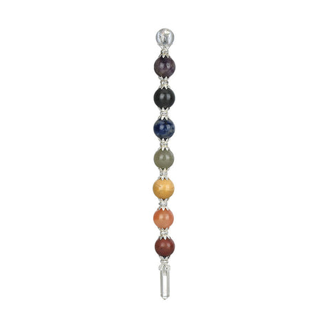 Chakra Stone Ball Wand featuring multi-colored quartz spheres aligned vertically, 8.5" length, front view