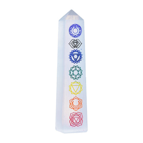 Chakra Symbols Selenite Crystal Obelisk - 4.5" Front View with Colorful Engraved Icons