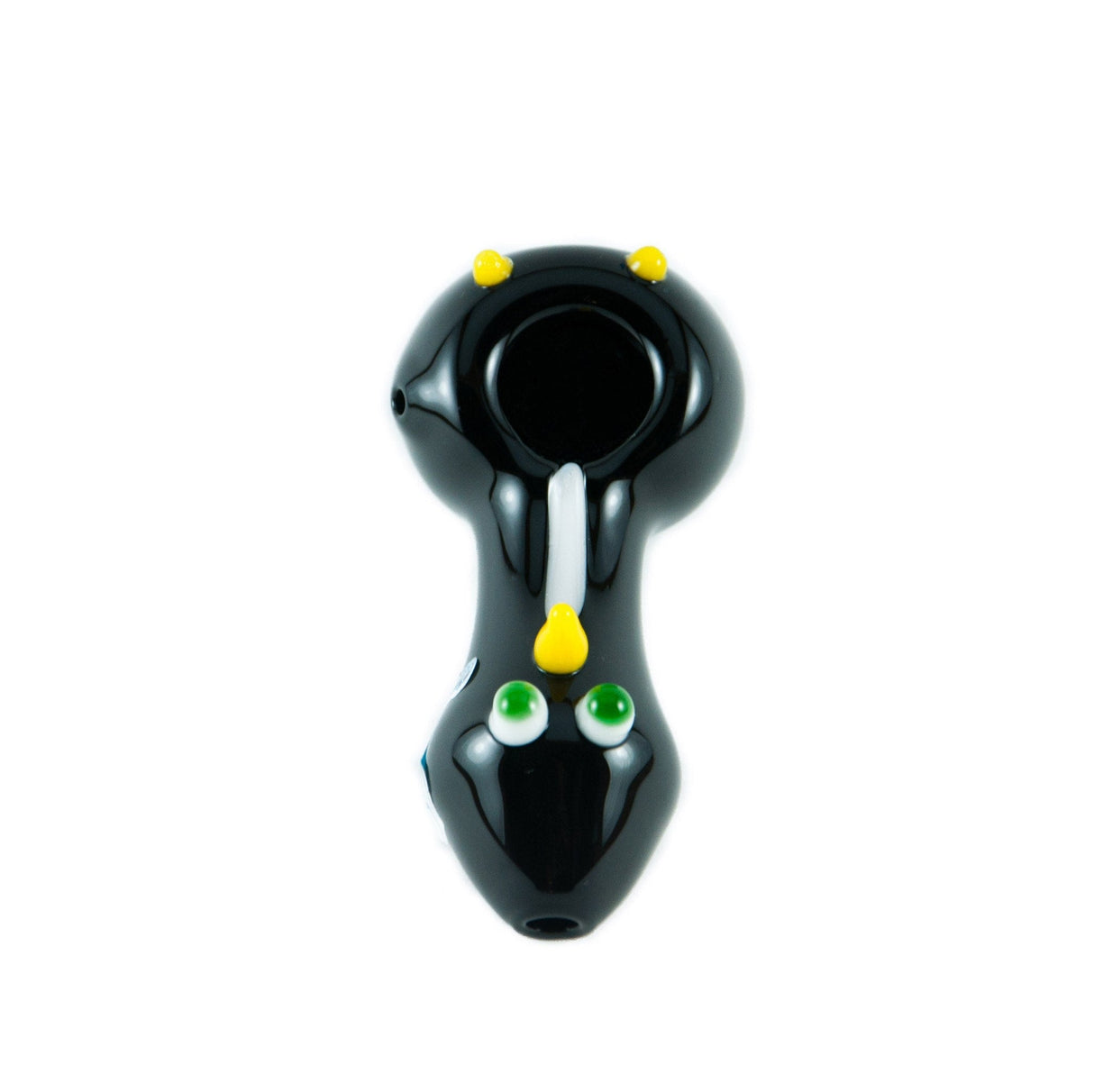 Chameleon Glass Chilly Willy hand pipe, black with yellow accents, top view, on white background