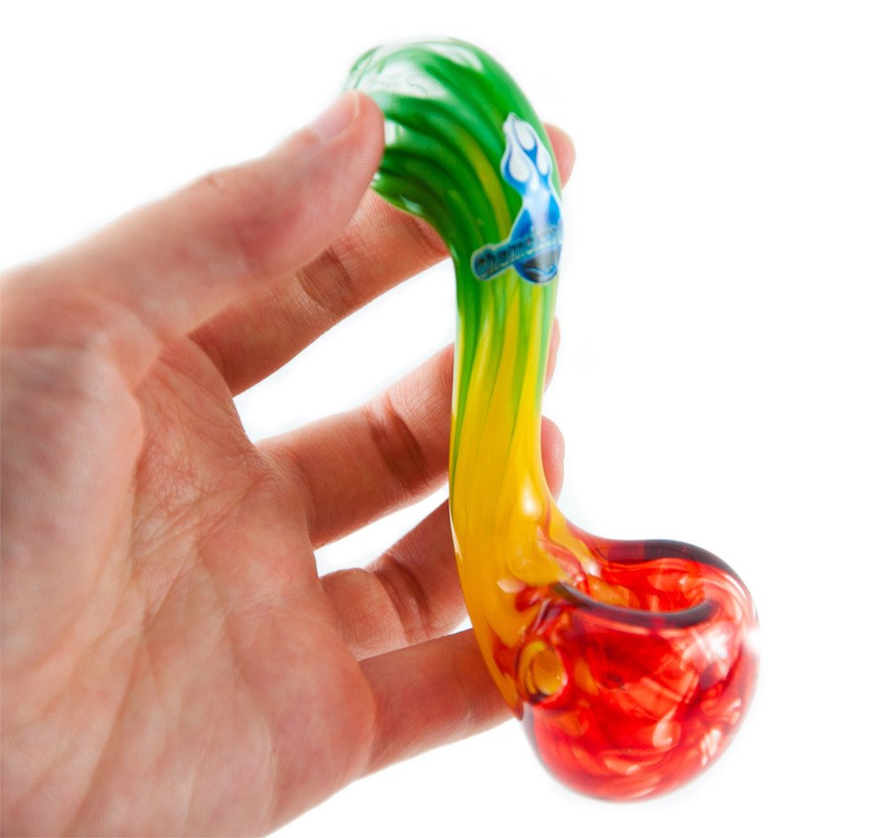 Hand holding Chameleon Glass Dubdancer Sherlock Pipe with rasta colors and blue lizard design