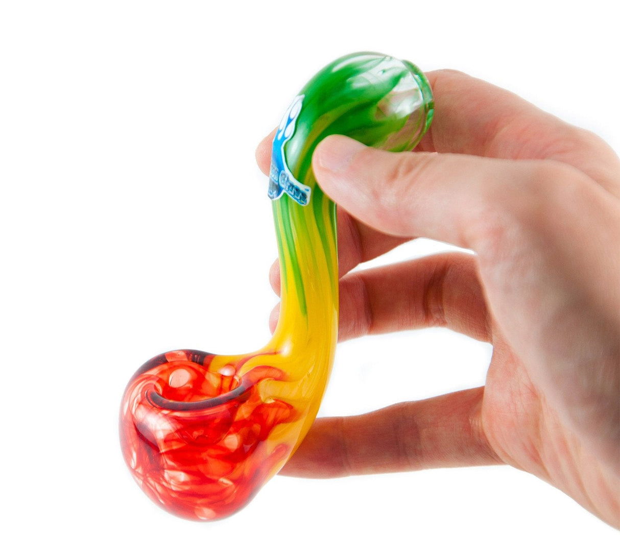 Chameleon Glass Dubdancer Sherlock Pipe in hand, vibrant rasta colors, USA borosilicate glass