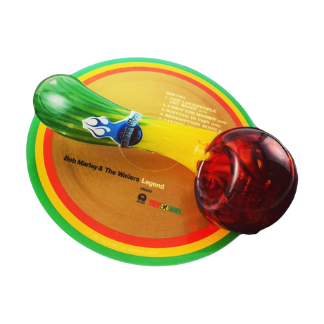 Chameleon Glass Dubdancer Sherlock Pipe with vibrant color design on vinyl record background