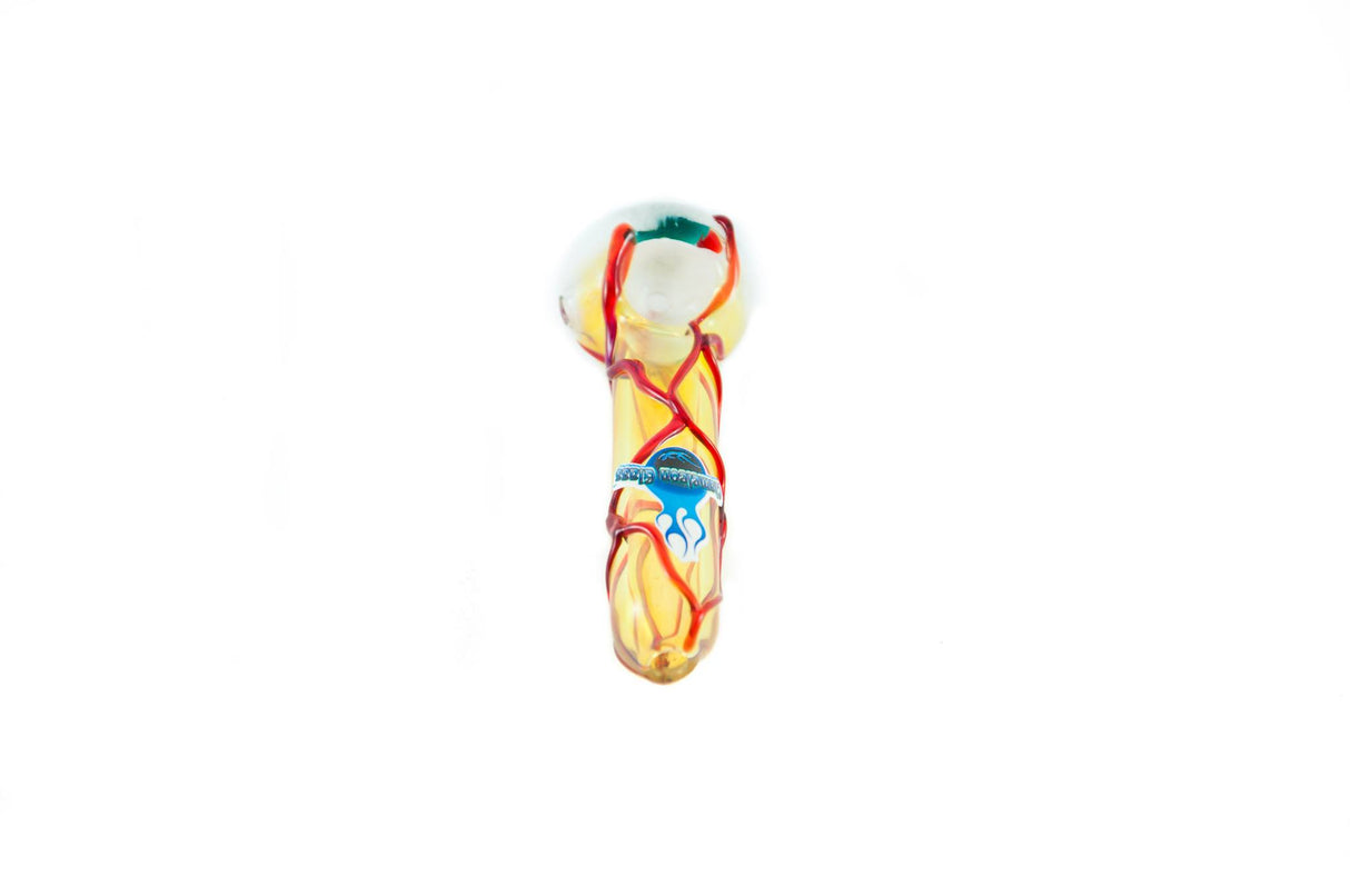 Chameleon Glass Eyeball Hand Pipe that glows in the dark, top view on white background