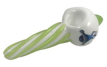 Chameleon Glass Slyme Tip Spiral Pipe with sea turtle design, durable borosilicate, side view