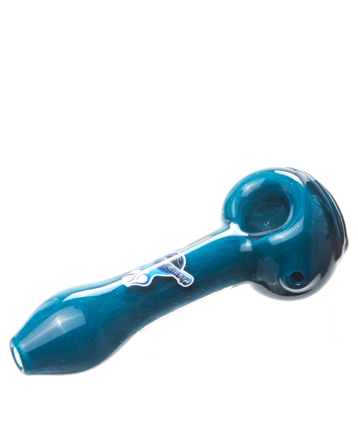 Chameleon Glass Teal Cyclops Pipe made of Borosilicate, side view on white background