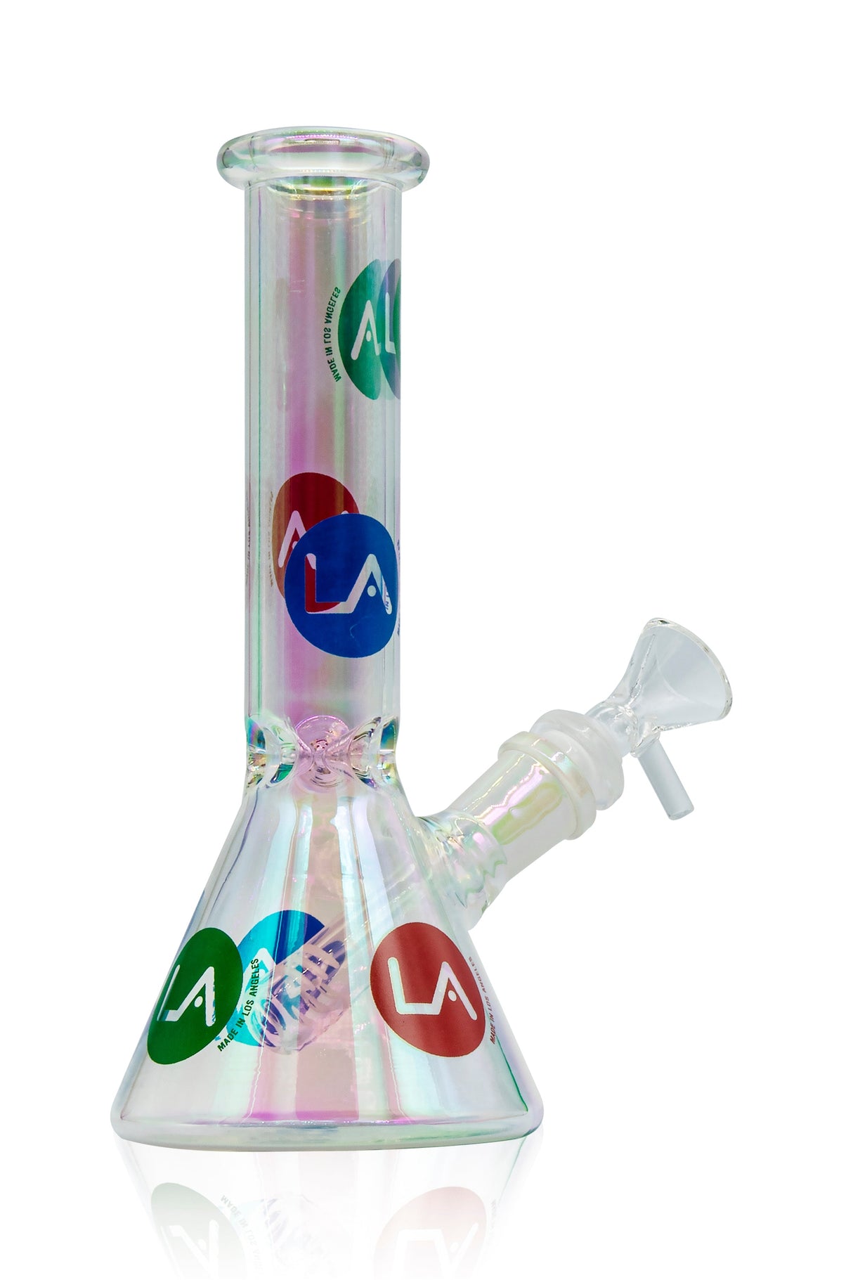 LA Pipes Disco Beaker Bong with iridescent finish and colorful logo, side view on white background