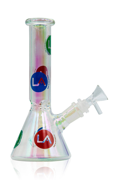 LA Pipes Disco Beaker Bong with iridescent finish and colorful LA logo decals, front view