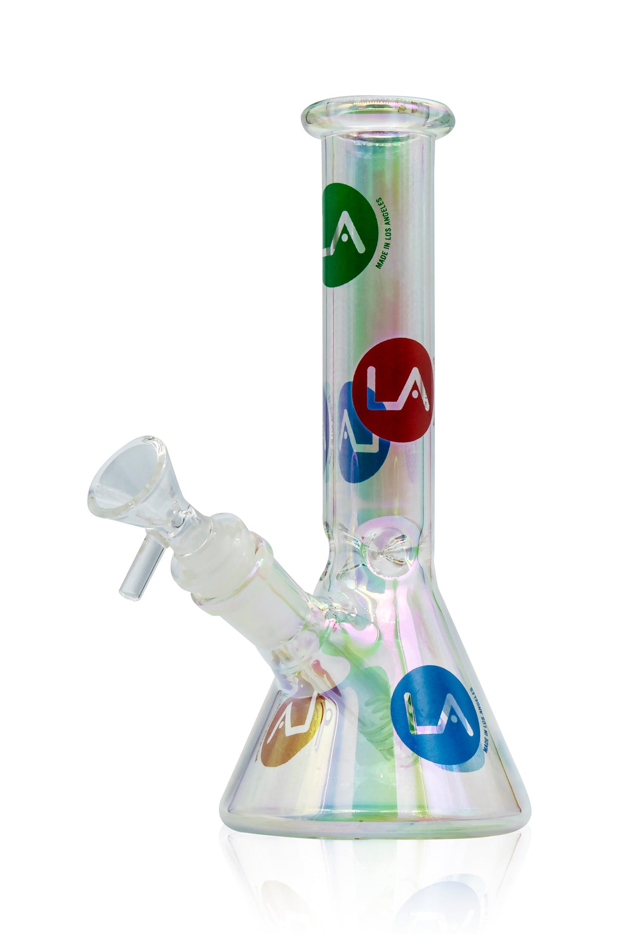 LA Pipes Champagne Glass Disco Beaker Bong with colorful logo, front view on white background