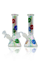 LA Pipes Disco Beaker Bongs with colorful logo, 8" height, 38mm diameter, front view on white background