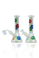 LA Pipes Disco Beaker Bongs in Champagne Glass Design with Colorful LA Logos, Front View on White Background