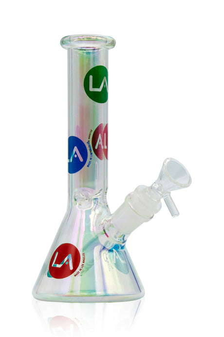 LA Pipes Champagne Glass Disco Beaker with colorful decals, 8" tall, 38mm diameter, front view