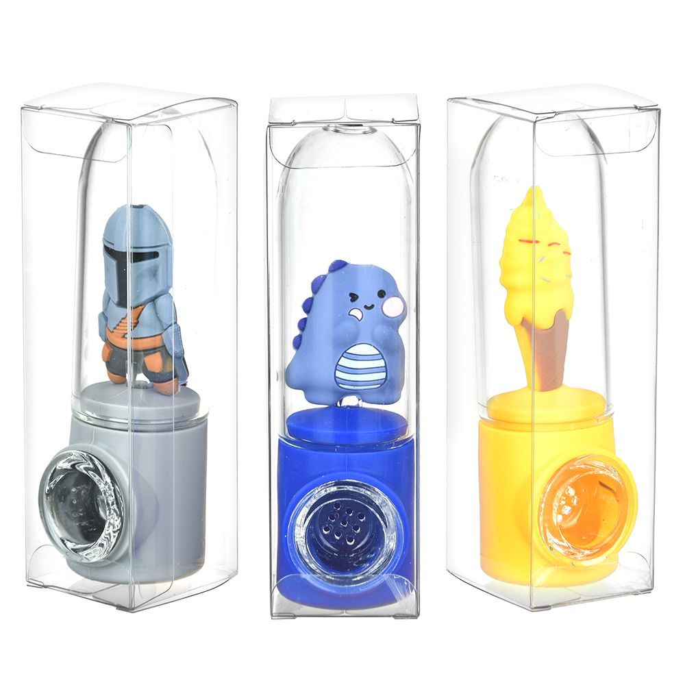 Characters Silicone & Glass Hand Pipe | 4.25" | Assorted Designs | 12ct Display