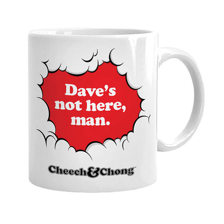 Cheech & Chong Ceramic Mug featuring 'Dave's Not Here' text, front view on white background