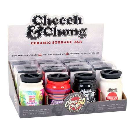 Cheech & Chong Ceramic Storage Jars, 3.25" Display with Various Designs, Air-Tight Silicone Lid
