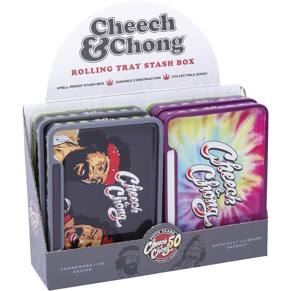 Cheech & Chong metal rolling tray stash boxes in display, featuring vibrant designs, front view