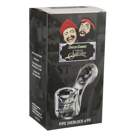 Cheech & Chong "Up in Smoke" clear Sherlock glass pipe with packaging, compact design