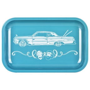 Pulsar Cheech & Chong Love Machine Metal Rolling Tray, 11" x 7", Blue, Top View