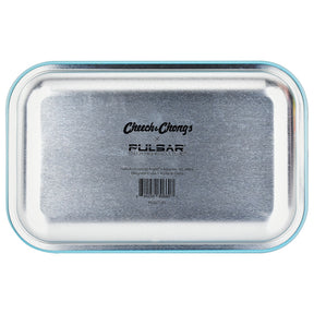 Cheech & Chong x Pulsar Metal Rolling Tray in Red Faces design, 11" x 7" size, top view