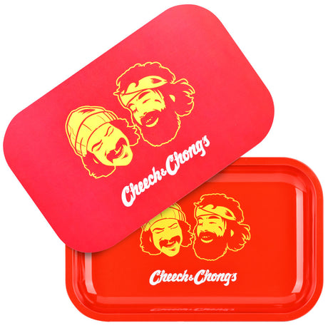 Cheech & Chong x Pulsar Red Metal Rolling Tray with Lid featuring iconic duo's faces, 11" x 7" size