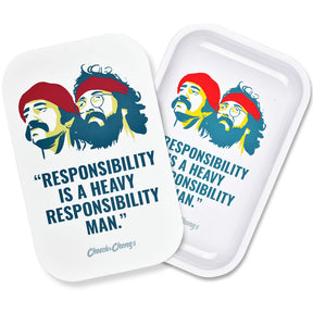 Cheech & Chong x Pulsar Metal Rolling Tray with Lid featuring iconic duo, 11" x 7", top view