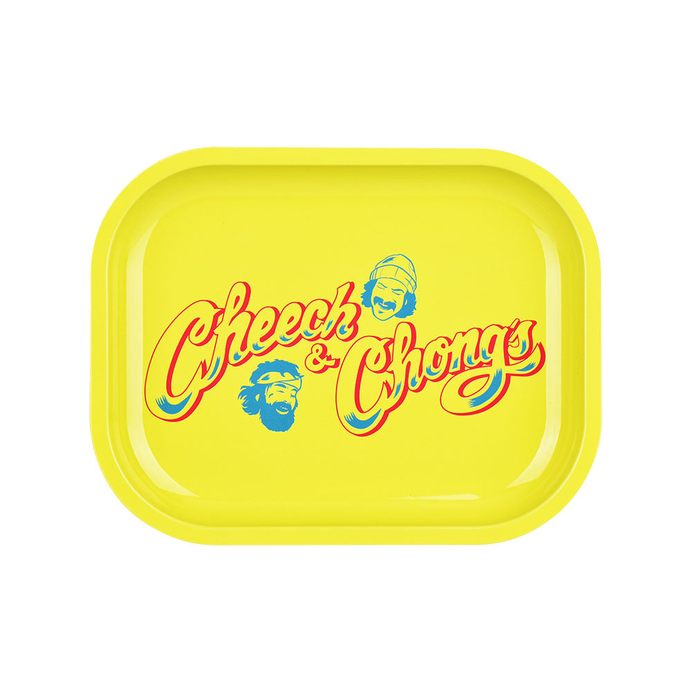 Pulsar Mini Metal Rolling Tray with Cheech & Chong's Yellow Logo, 7"x5.5" Top View