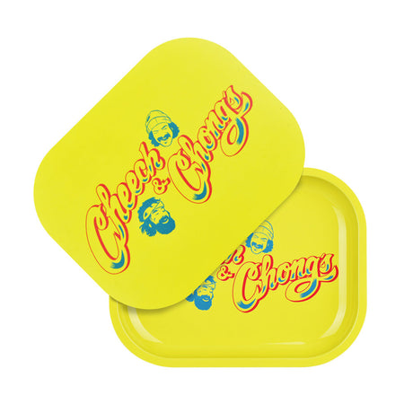 Pulsar Mini Metal Rolling Tray with Cheech & Chong Yellow Logo, 7"x5.5", with Lid - Top View