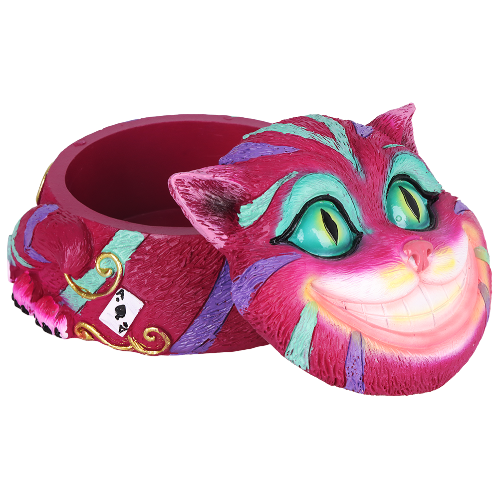 Purple Cheshire cat stash jar made from sturdy polyresin, a small storage piece standing 2.5 inches tall