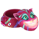 Purple Cheshire cat stash jar made from sturdy polyresin, a small storage piece standing 2.5 inches tall