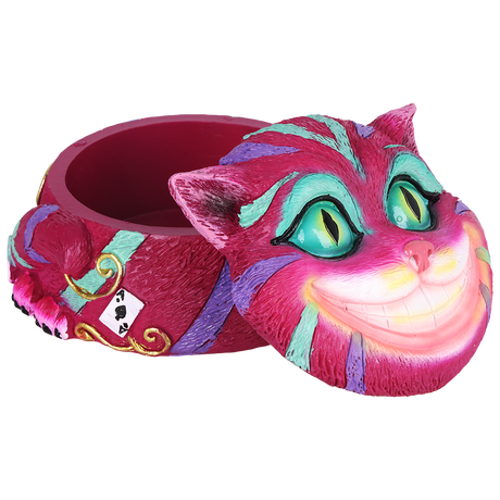 Purple Cheshire cat stash jar made from sturdy polyresin, a small storage piece standing 2.5 inches tall