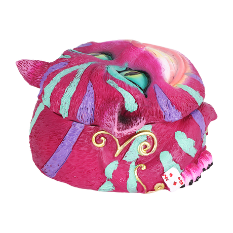Cheshire polyresin stash jar for herb, coins or keys, a whimsical Alice in Wonderland style desk piece