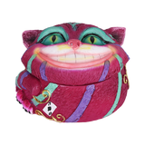 Cheshire polyresin stash jar 2.5 inch in purple, a small container with a grinning cat face on the lid