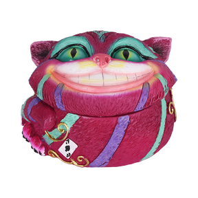 Cheshire polyresin stash jar 2.5 inch in purple, a small container with a grinning cat face on the lid