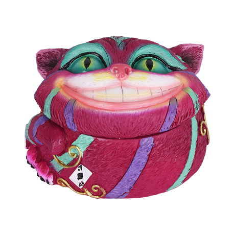 Cheshire polyresin stash jar 2.5 inch in purple, a small container with a grinning cat face on the lid