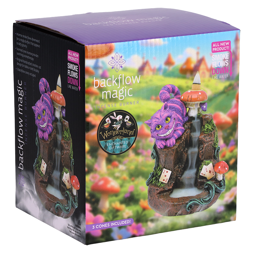 Multicolor polyresin Cheshire cat backflow incense burner standing 5.75 inches (14.6cm) tall