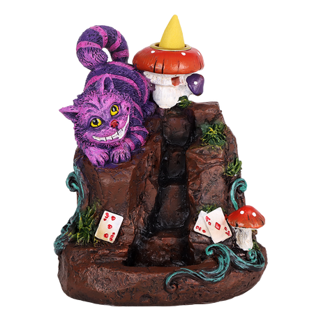 Cheshire Waterfall polyresin backflow incense burner 5.75 inch with the Cheshire cat beside a waterfall