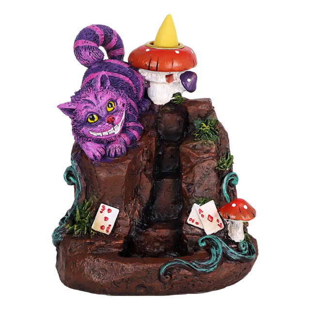 Cheshire Waterfall polyresin backflow incense burner 5.75 inch with the Cheshire cat beside a waterfall