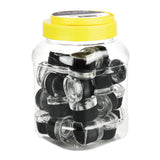 Bulk pack of child-resistant glass concentrate jars with yellow lids, front view on white background
