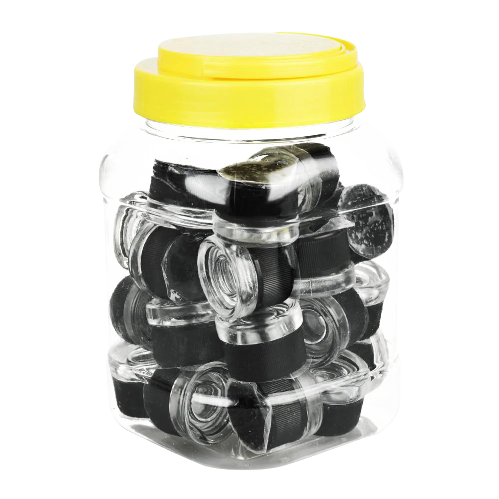 Bulk pack of child-resistant borosilicate glass concentrate jars with yellow lids, front view