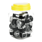 Bulk pack of child-resistant borosilicate glass concentrate jars with yellow lids, front view