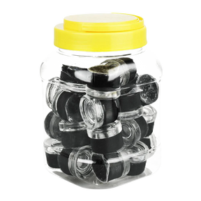 Bulk pack of child-resistant borosilicate glass concentrate jars with yellow lids, front view