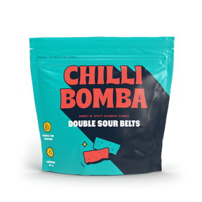 Front view of Chilli Bomba Double Sour Belts 8oz package, sweet & spicy candy
