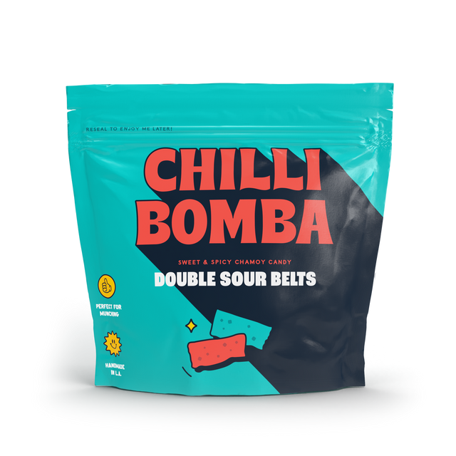 Front view of Chilli Bomba Double Sour Belts 8oz package, sweet & spicy candy