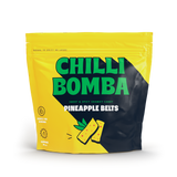Front view of Chilli Bomba Pineapple Belts candy bag, 8oz, with vibrant yellow packaging