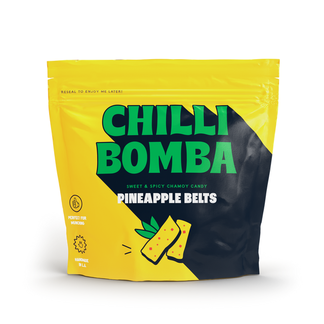 Front view of Chilli Bomba Pineapple Belts candy bag, 8oz, with vibrant yellow packaging