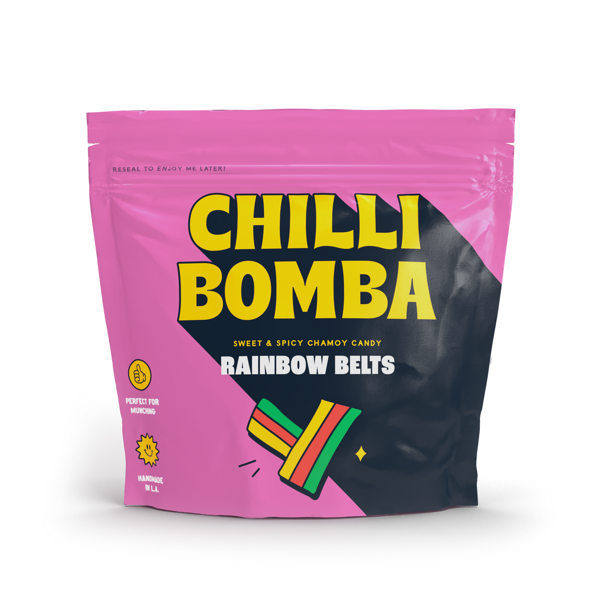 CHILLI BOMBA Rainbow Belts Candy 8oz package front view on a seamless white background